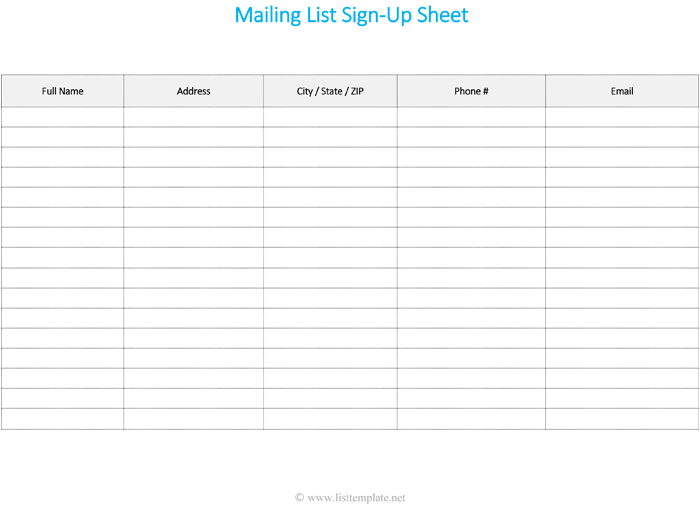 Mailing List Sign Up Sheet Template Mailing List Sign Up Sheet Template
