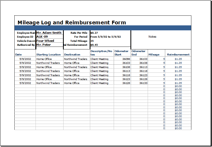 Mileage Log with Reimbursement Form MS Excel | Excel Templates Mileage Log with Reimbursement Form MS Excel | Excel Templates