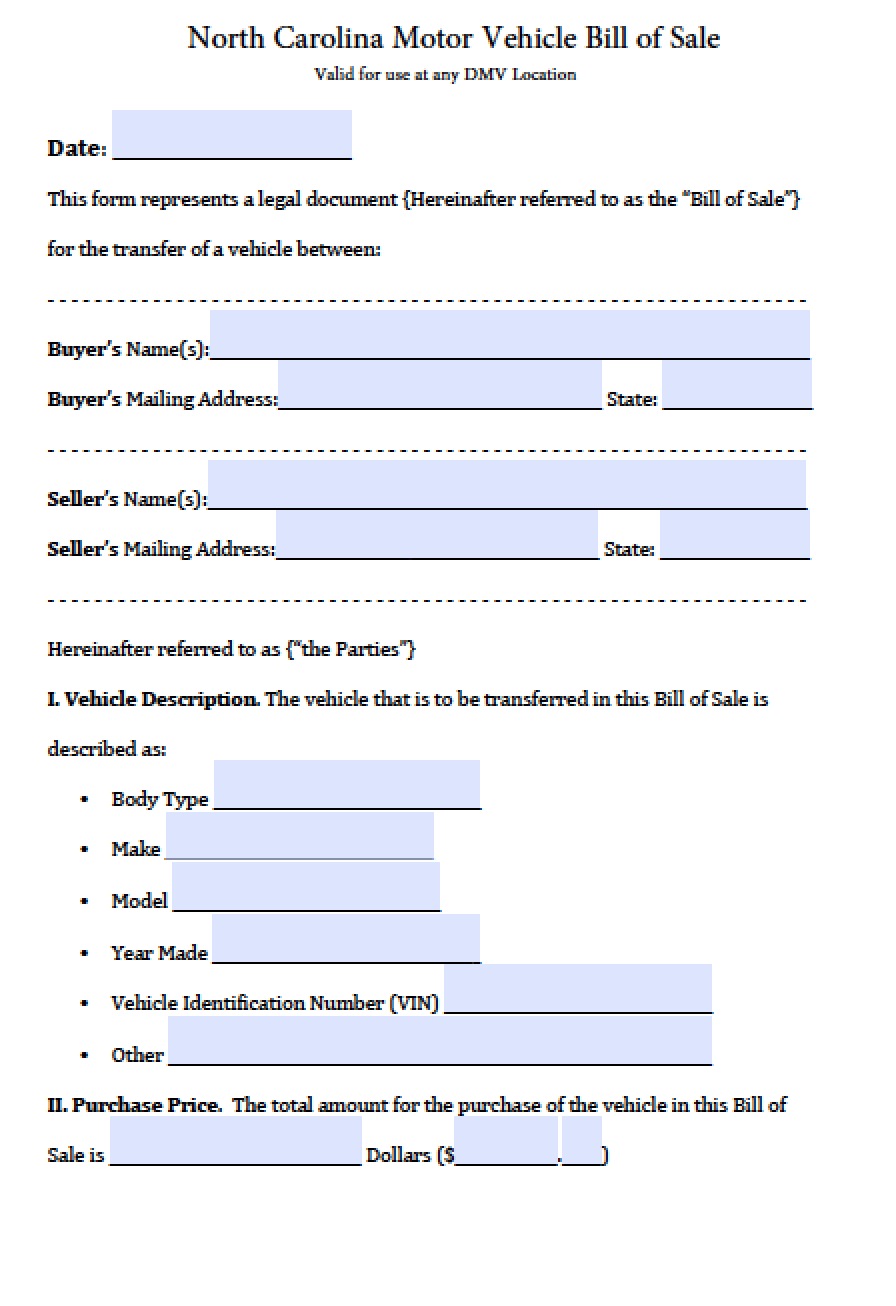 Free North Carolina DMV (Vehicle) Bill of Sale Form | PDF | Word Free North Carolina DMV (Vehicle) Bill of Sale Form | PDF | Word