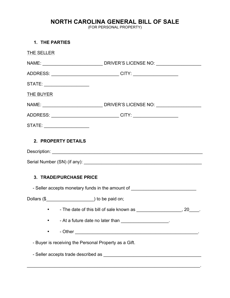 Free North Carolina General Bill of Sale Form Word | PDF Free North Carolina General Bill of Sale Form Word | PDF