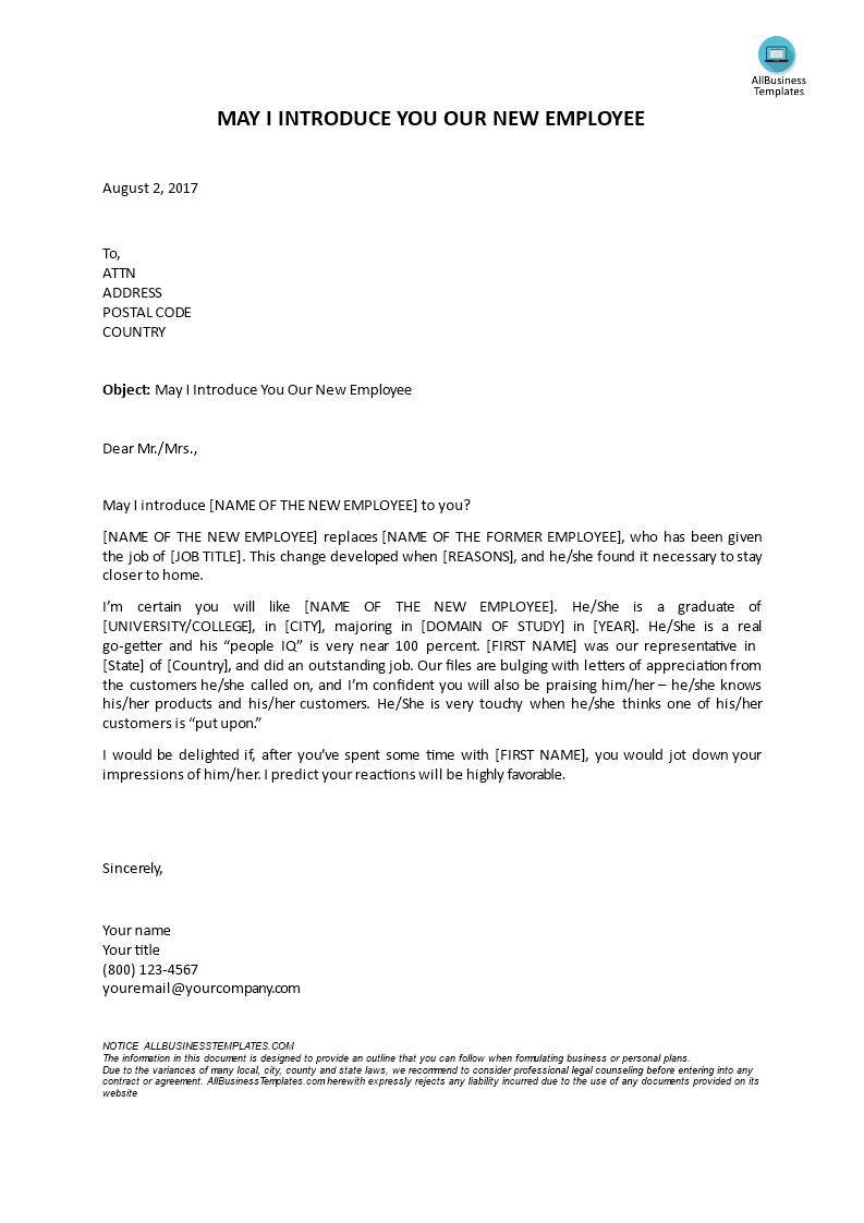 New Employee Introduction Letter | Templates at New Employee Introduction Letter | Templates at