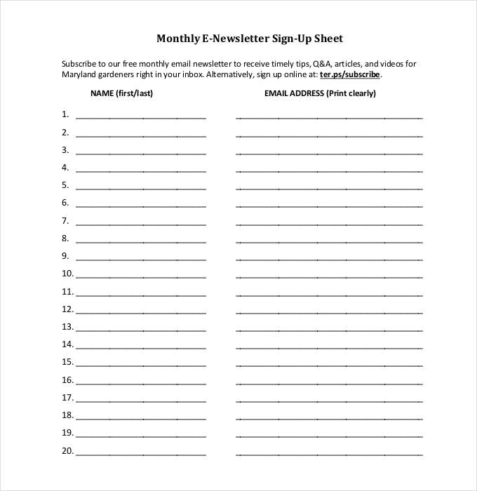 Sign up sheet template delux imagine monthly e newsletter Sign up sheet template delux imagine monthly e newsletter