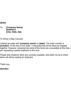 Request for Partial Shipment Template Request for Partial Shipment Template