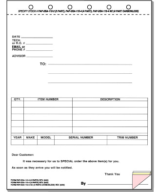 Special Parts Order Form, (GMPS 115 5), 5 part Special Parts Order Form, (GMPS 115 5), 5 part