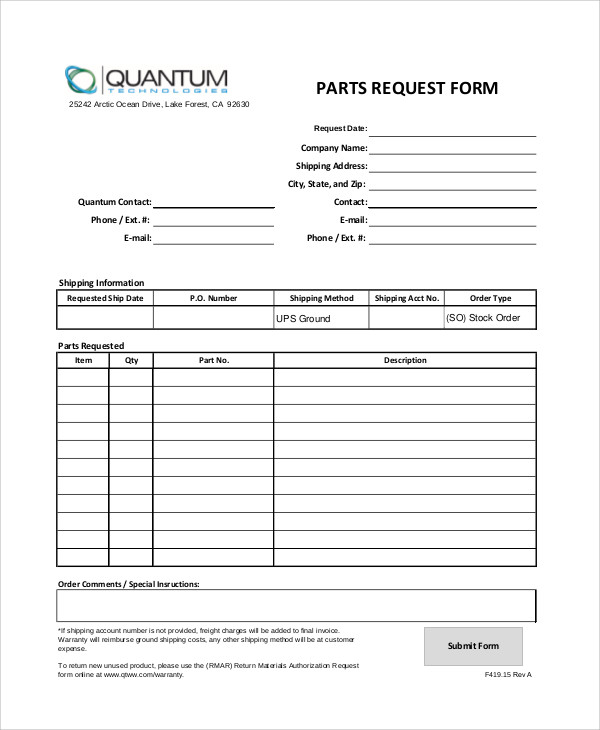 PARTS SPECIAL ORDER FORM 7 PARTS SPECIAL ORDER FORM 7
