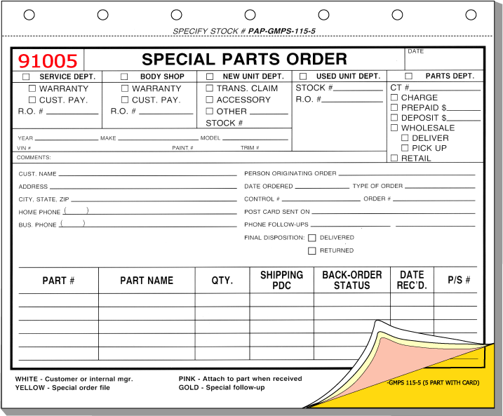 Parts On Order Form Parts On Order Form