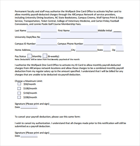 payroll authorization deduction form template wage deduction payroll authorization deduction form template wage deduction
