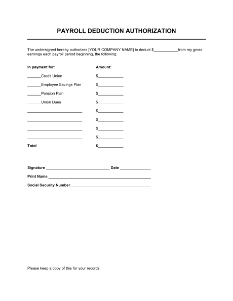 payroll deduction authorization form template payroll deduction authorization form template
