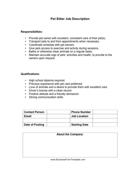 Pet Sitter Job Description Template Pet Sitter Job Description Template