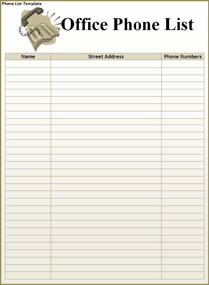 phone number list template phone number list template