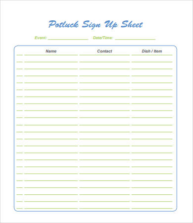 Free printable Potluck Sign Up Sheet (PDF) from Vertex42. Free printable Potluck Sign Up Sheet (PDF) from Vertex42.