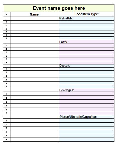 Sign Up Sheets Potluck Sign Up Sheet Sign Up Sheets Potluck Sign Up Sheet