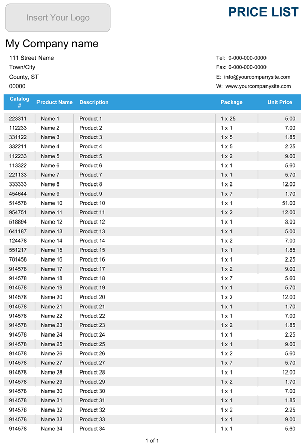 Printable Price List Template for Excel Printable Price List Template for Excel