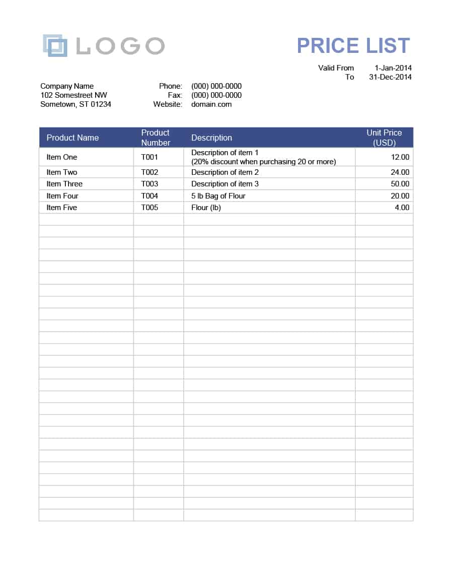 Printable Price List Template for Excel Printable Price List Template for Excel