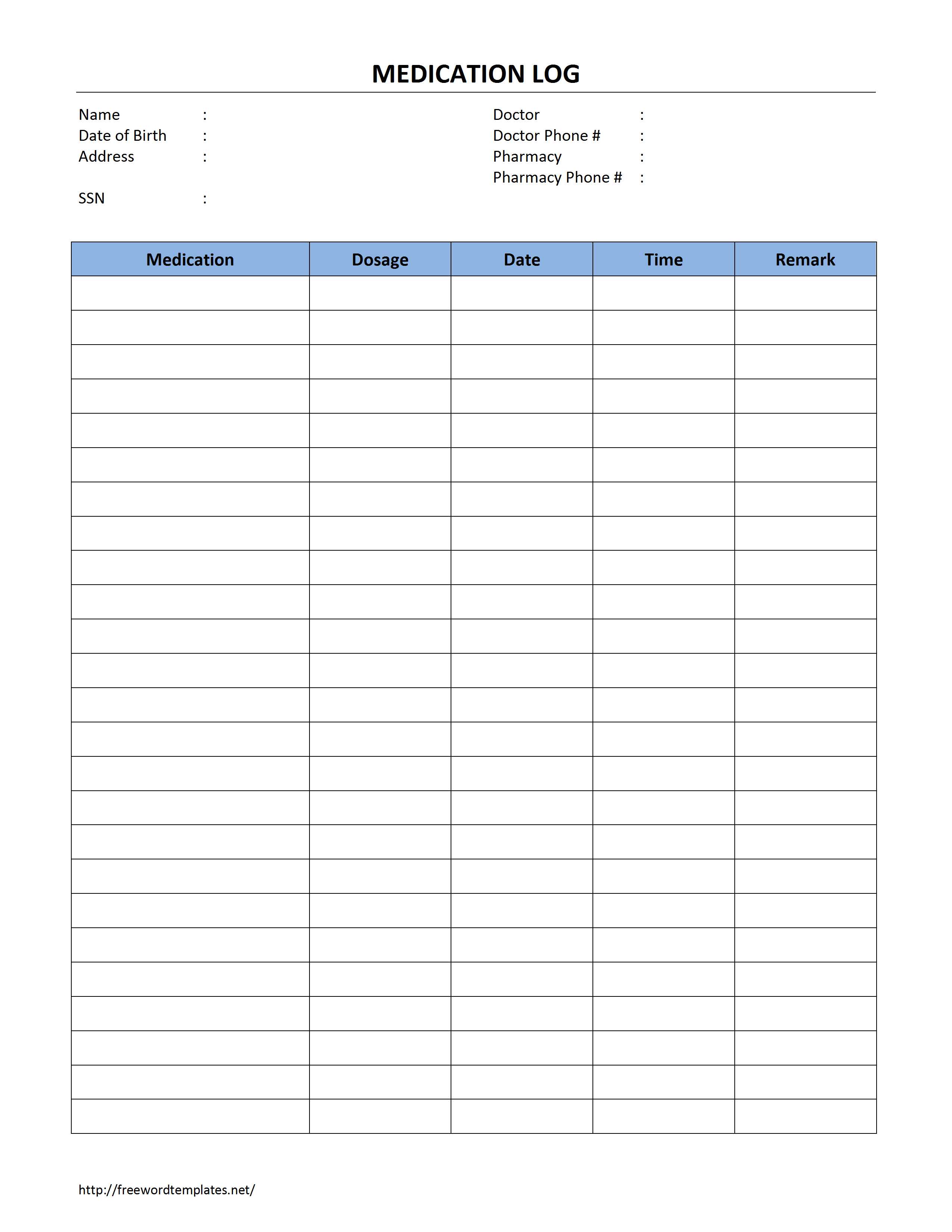 Printable Medication Record Printable Medication Record