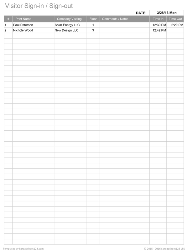 Printable Sign In Worksheets and Forms for Excel, Word and PDF Printable Sign In Worksheets and Forms for Excel, Word and PDF