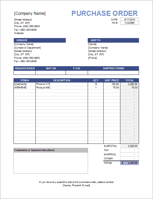 Purchase Order | Purchase Order Template for Excel Purchase Order | Purchase Order Template for Excel
