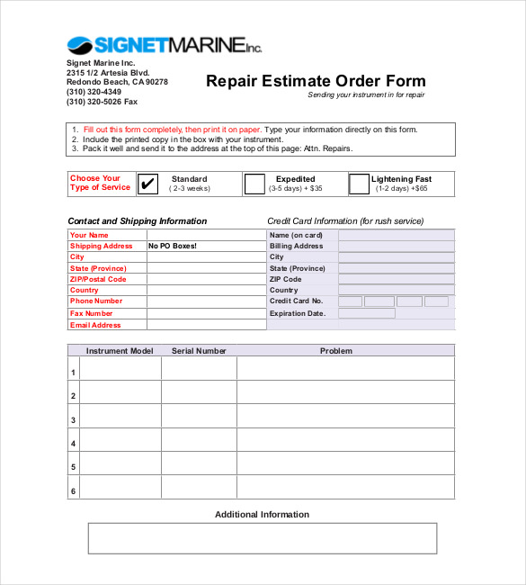 Repair Estimate Form | Gratulfata Repair Estimate Form | Gratulfata