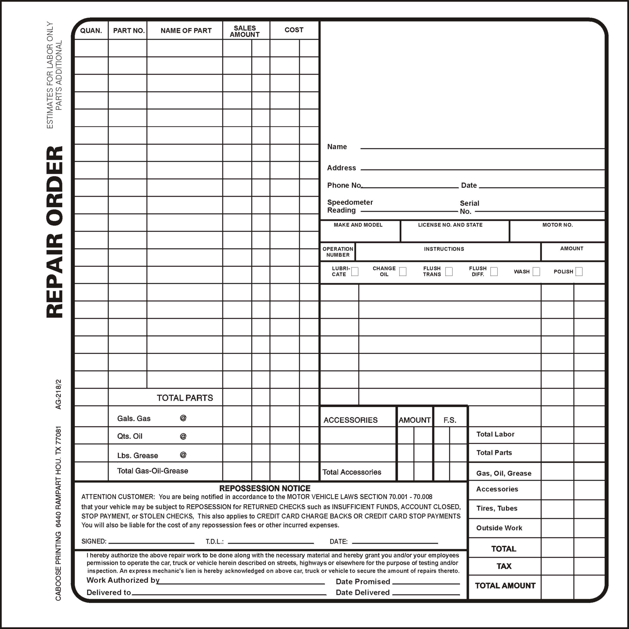 Repair Order Form – AG218/3 – package of 100 | Caboose Printing Repair Order Form – AG218/3 – package of 100 | Caboose Printing