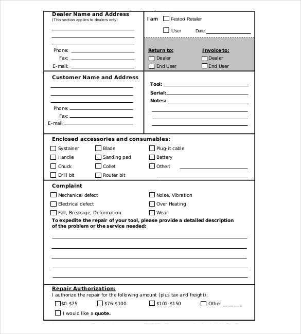 Garage Repair Order Template Garage Repair Order Template