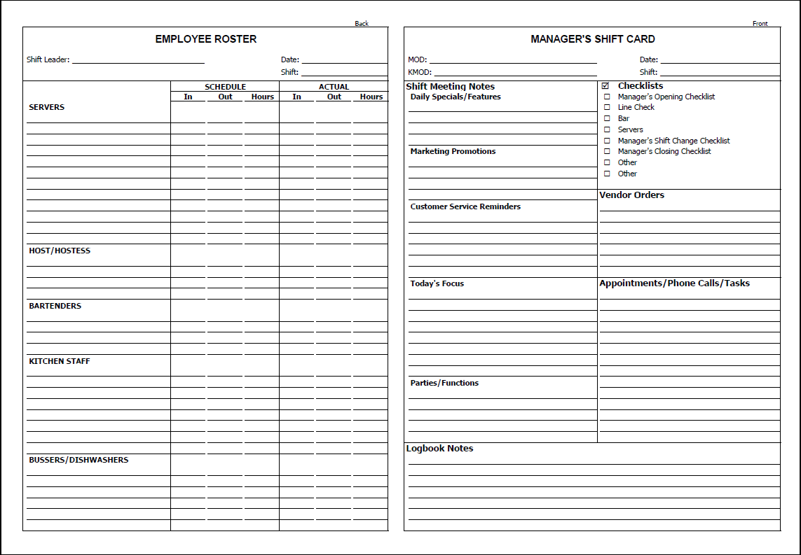 Restaurant Manager's Shift Card Restaurant Manager's Shift Card
