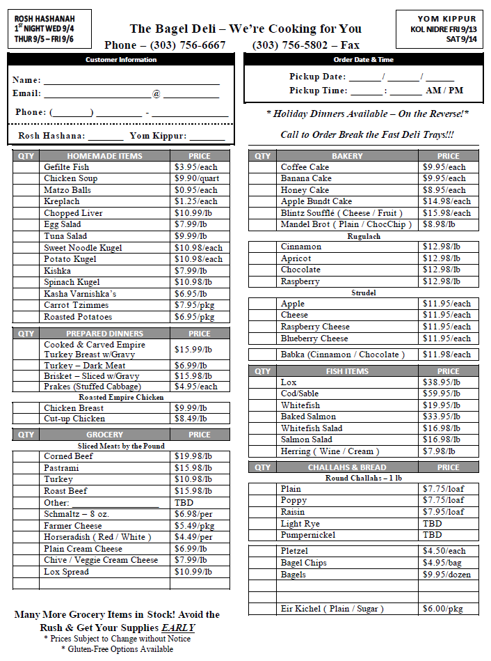 Order Forms | The Bagel Deli and Restaurant Order Forms | The Bagel Deli and Restaurant