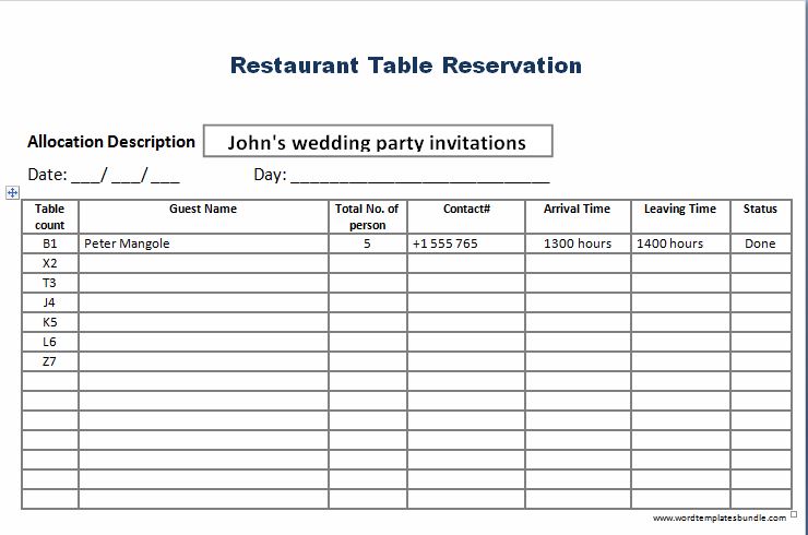 Restaurant Reservation List Template Restaurant Reservation List Template