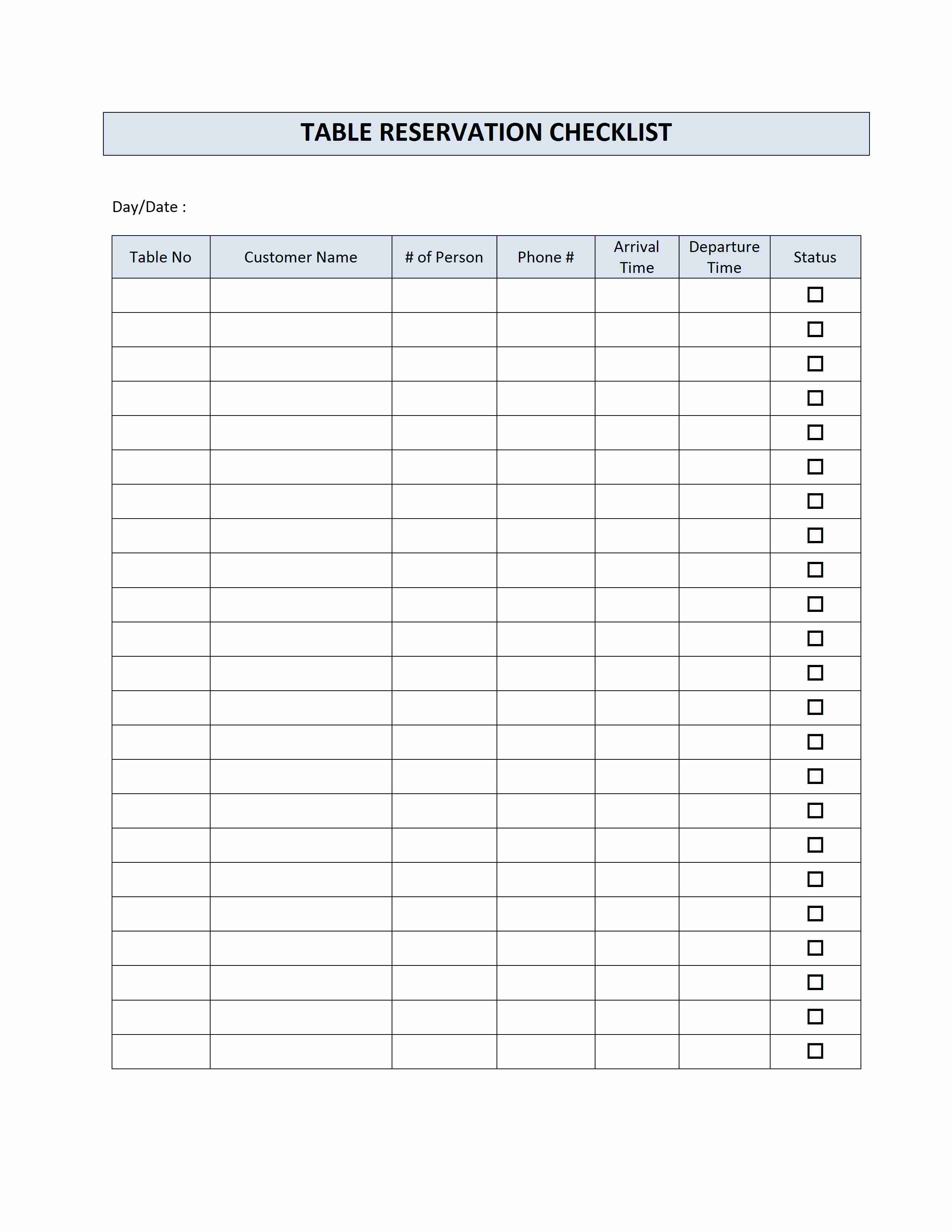 Restaurant Reservation List Template Restaurant Reservation List Template