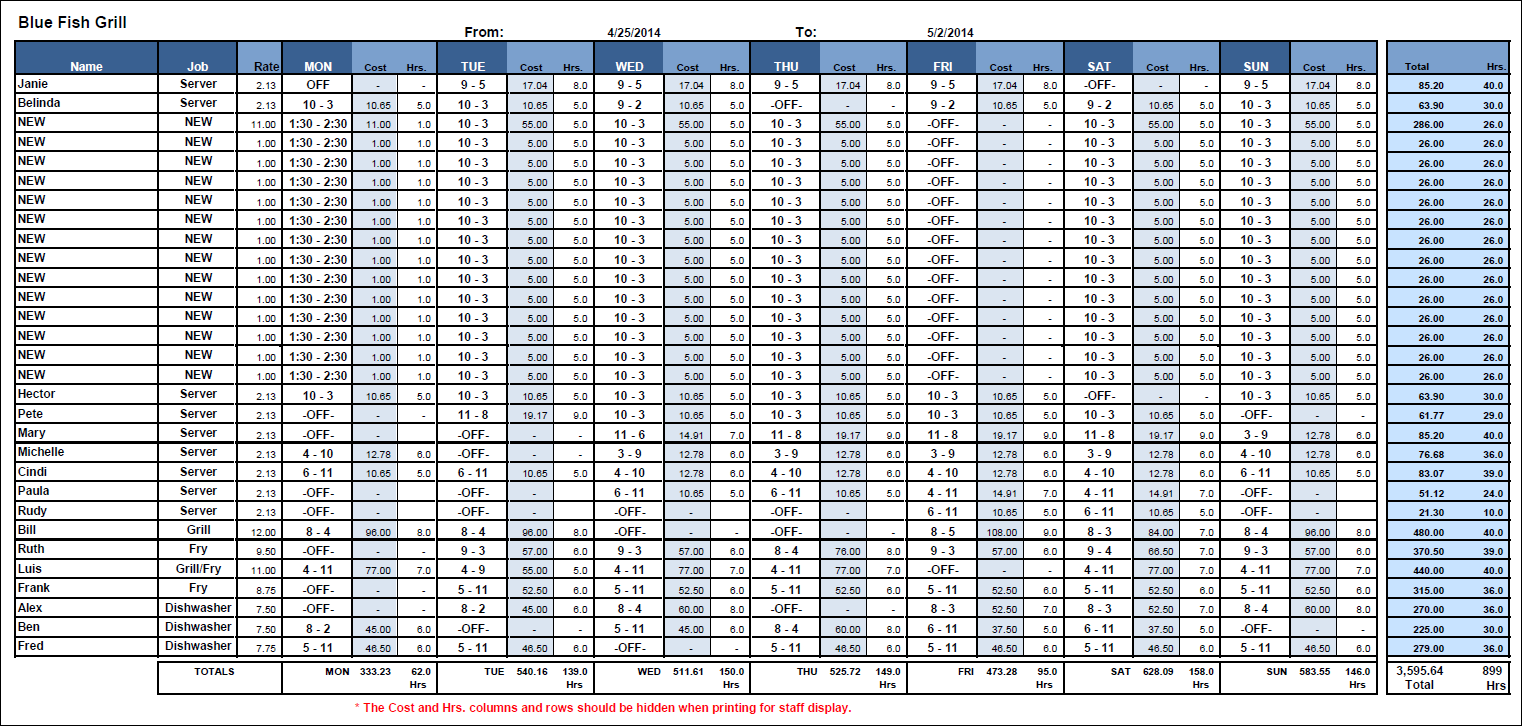 Restaurant Schedule Template Simple Restaurant Schedule Template Simple