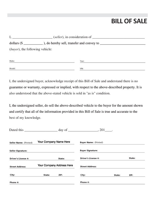 Vehicle Bill of Sale, Form #3, Item #7833 Vehicle Bill of Sale, Form #3, Item #7833