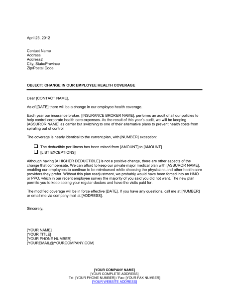 Announcement of a Change in Health Benefits Coverage Template Announcement of a Change in Health Benefits Coverage Template