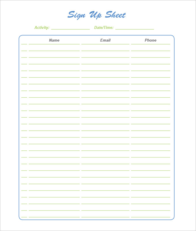 Sign Up Sheet Template 7+ Free Download for Word, PDF | Sample Sign Up Sheet Template 7+ Free Download for Word, PDF | Sample