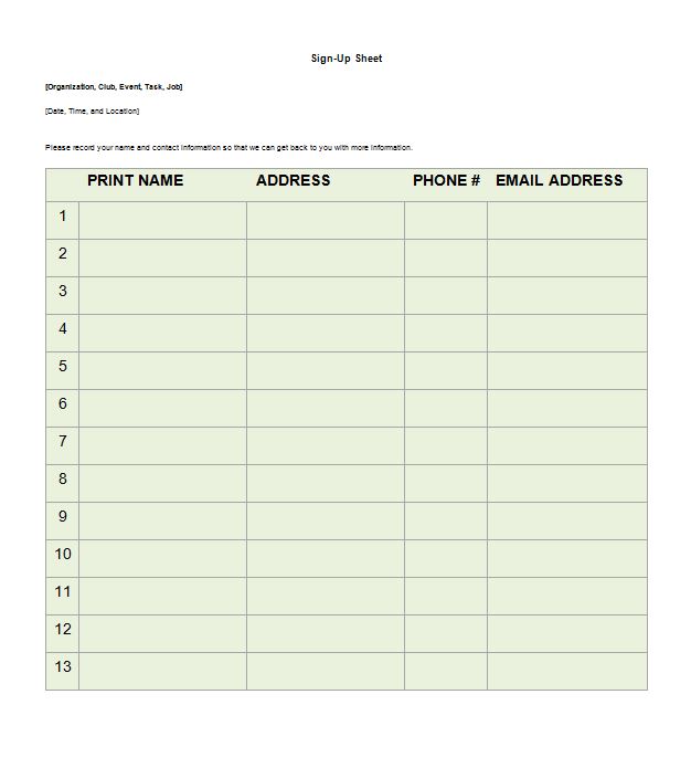 Sign Up Sheet Template 7+ Free Download for Word, PDF | Sample Sign Up Sheet Template 7+ Free Download for Word, PDF | Sample