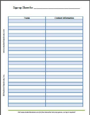 Free Printable Blank Sign up Sheet | Student Handouts Free Printable Blank Sign up Sheet | Student Handouts