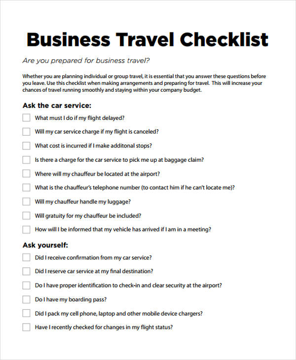 Travel Checklist Templates 11 Free Samples, Examples Format Travel Checklist Templates 11 Free Samples, Examples Format