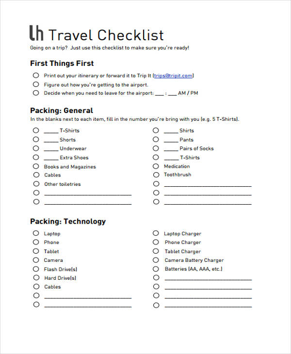 Travel Checklist Templates 11 Free Samples, Examples Format Travel Checklist Templates 11 Free Samples, Examples Format