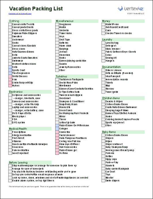 Free Packing List Template for Vacation, Travel or College Free Packing List Template for Vacation, Travel or College