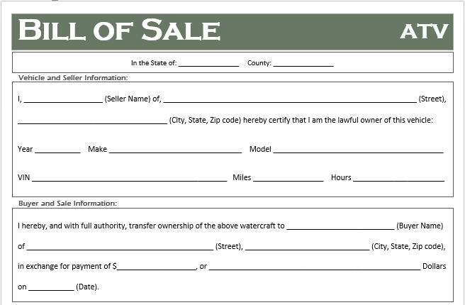 Atv Bill Of Sale Free To Print Fill Online, Printable, Fillable Atv Bill Of Sale Free To Print Fill Online, Printable, Fillable