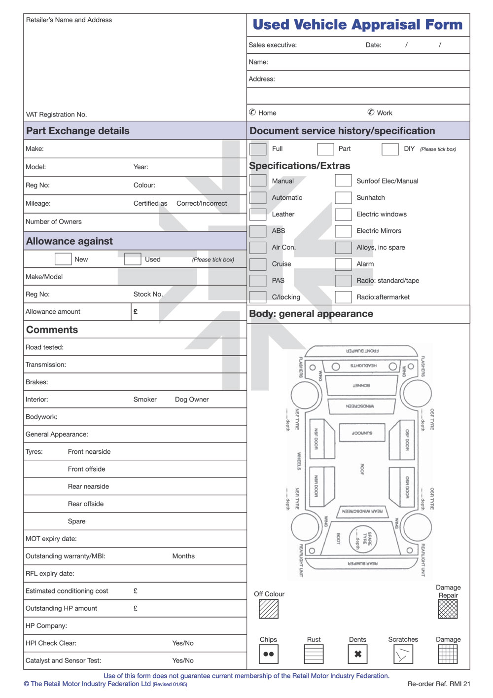RMI021 Used Vehicle Appraisal Form Pad RMI Webshop RMI021 Used Vehicle Appraisal Form Pad RMI Webshop