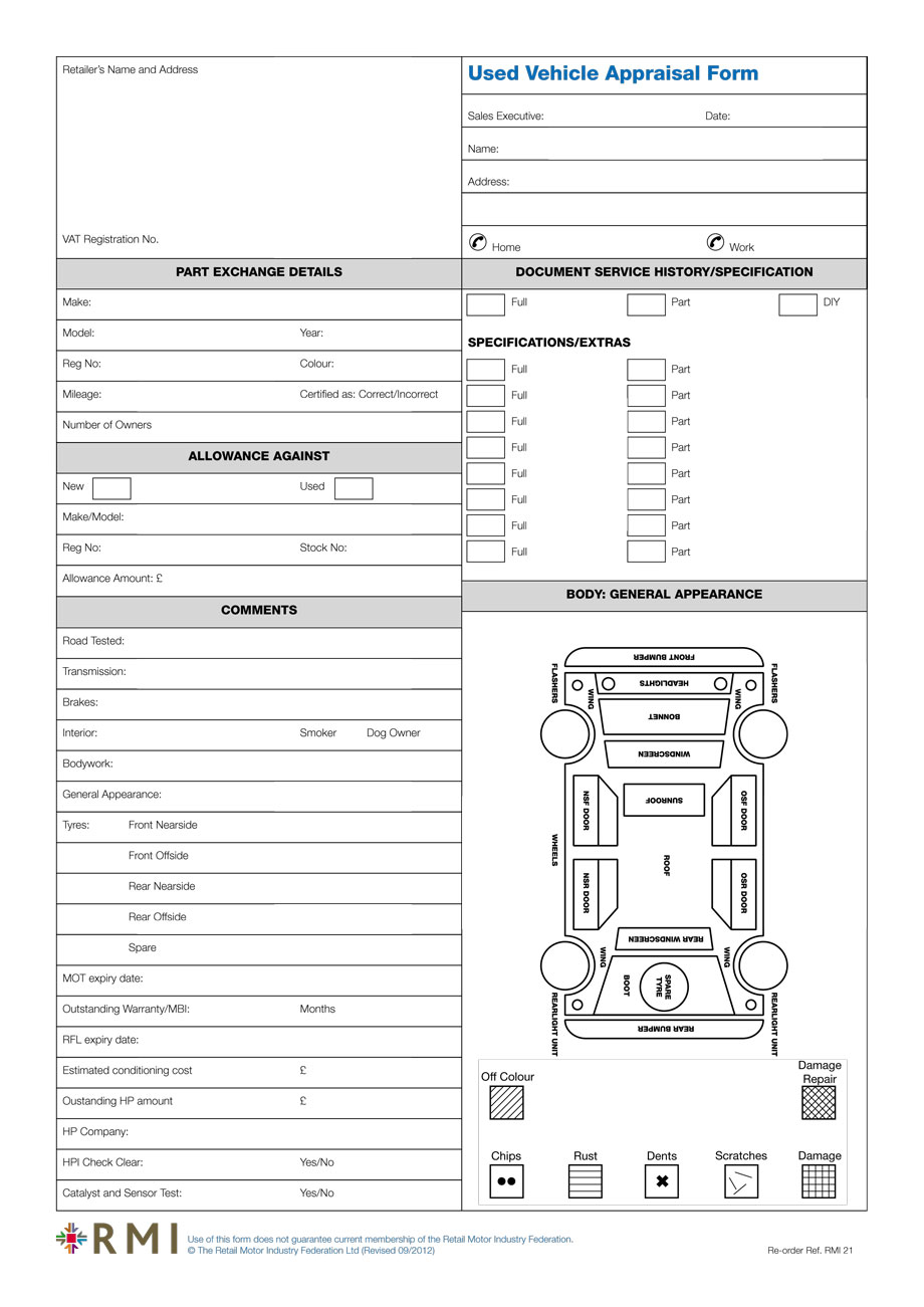 RMI021P Used Vehicle Appraisal Form Pad RMI Webshop RMI021P Used Vehicle Appraisal Form Pad RMI Webshop