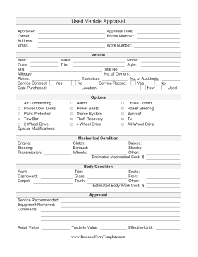 Used Vehicle Appraisal Template Used Vehicle Appraisal Template