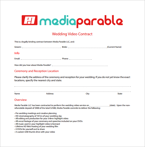 Basic Contract for Wedding Videography Services , 20+ Photography Basic Contract for Wedding Videography Services , 20+ Photography