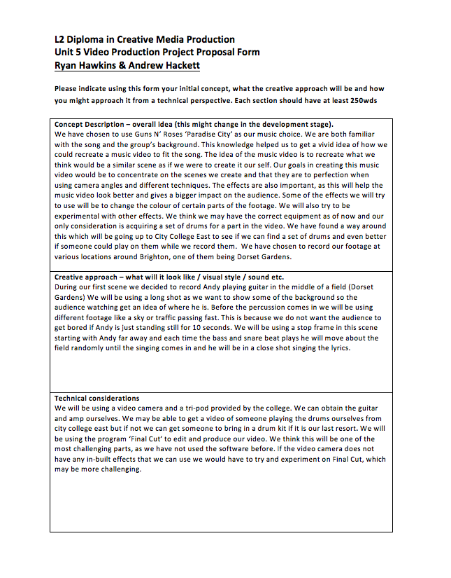 Unit 5 Video Production Proposal Form | AndrewHackett96 Unit 5 Video Production Proposal Form | AndrewHackett96