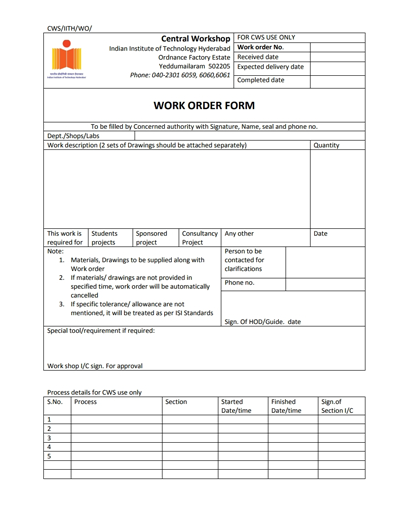Work Order Forms Work Order Forms