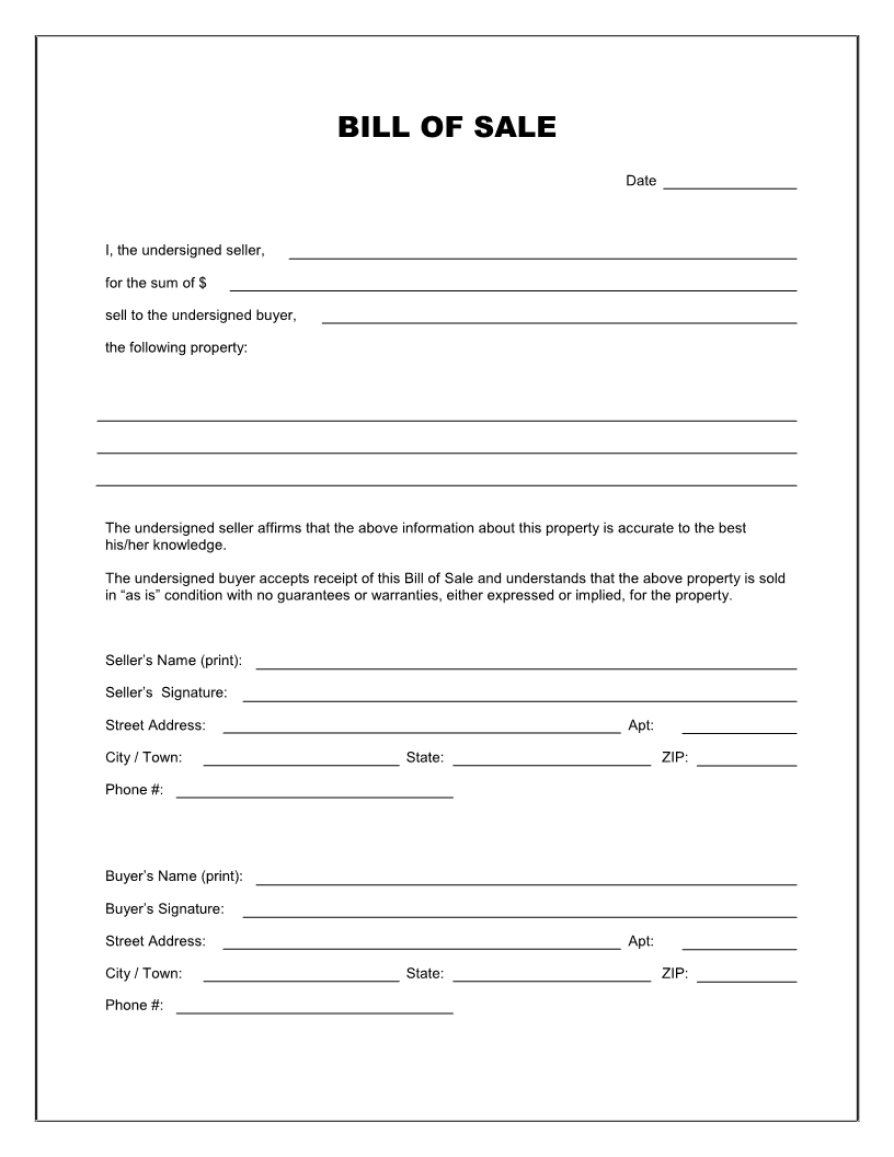 Free Printable Blank Bill of Sale Form Template as is bill of Free Printable Blank Bill of Sale Form Template as is bill of