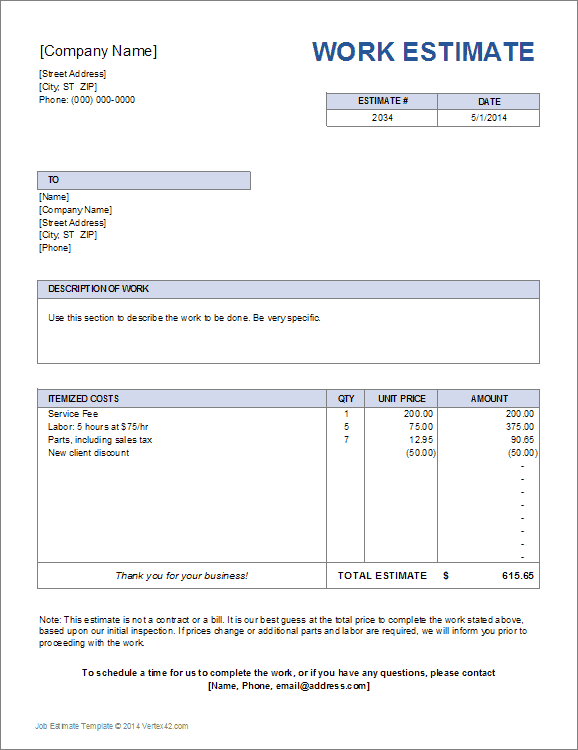 Job Estimate Template | Work Estimate Job Estimate Template | Work Estimate