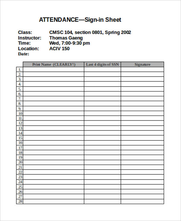 Free Blank Printable Student Sign in Sheet with 35 Rows Free Blank Printable Student Sign in Sheet with 35 Rows