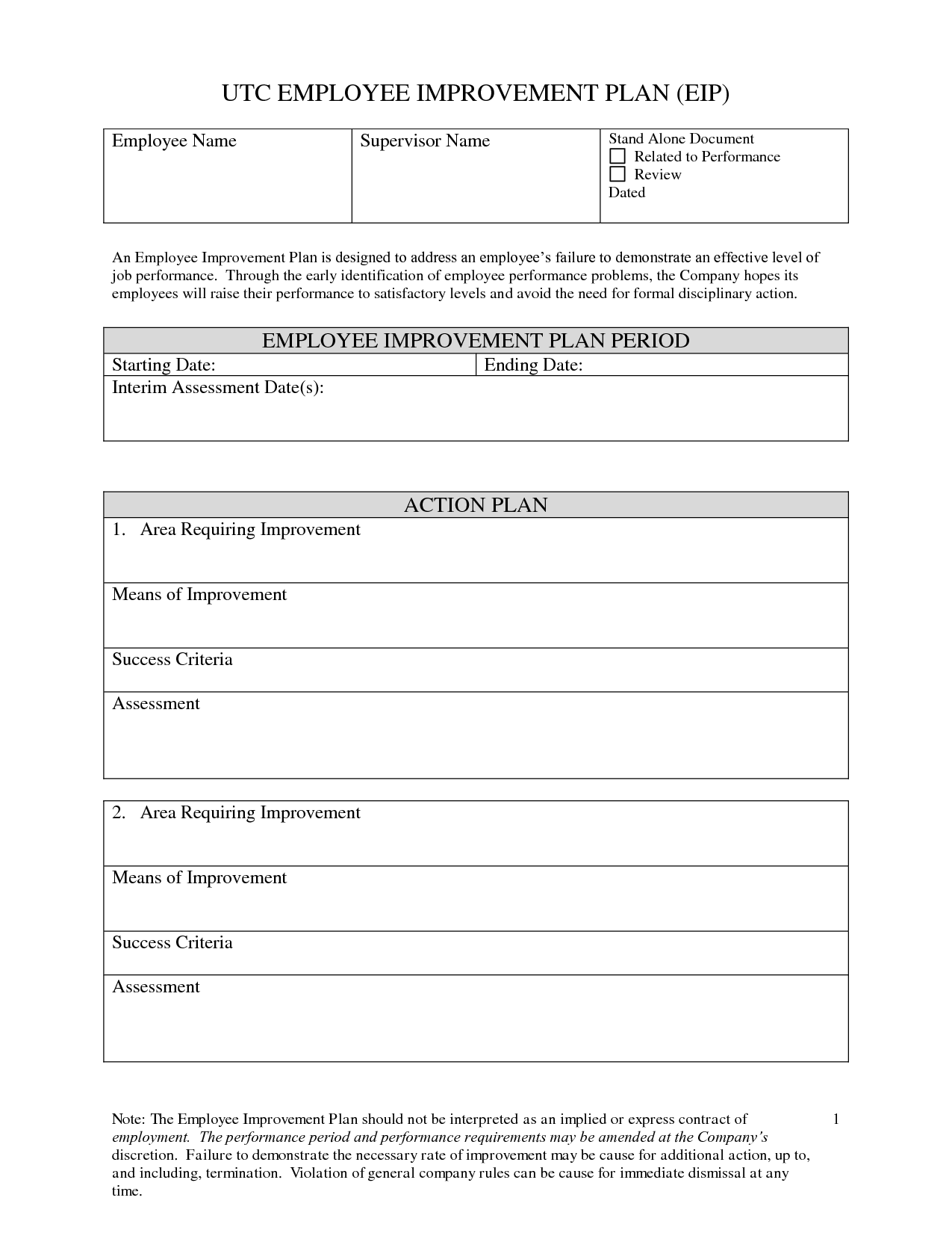 Performance Improvement Plan Template Performance Improvement Plan Template