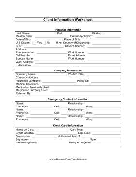 Client Information Worksheet Template Client Information Worksheet Template