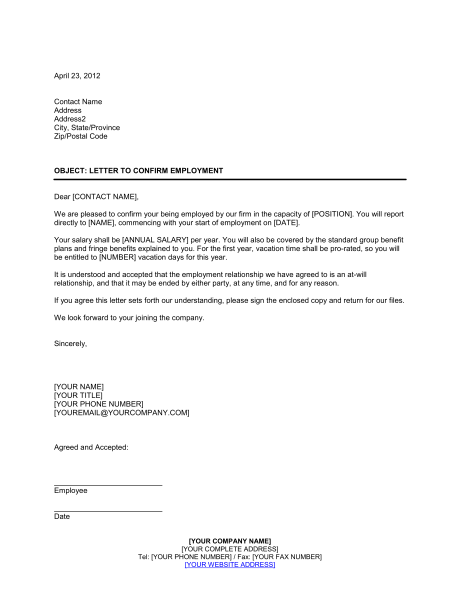 Letter Confirming Employment Template & Sample Form | Biztree.com Letter Confirming Employment Template & Sample Form | Biztree.com